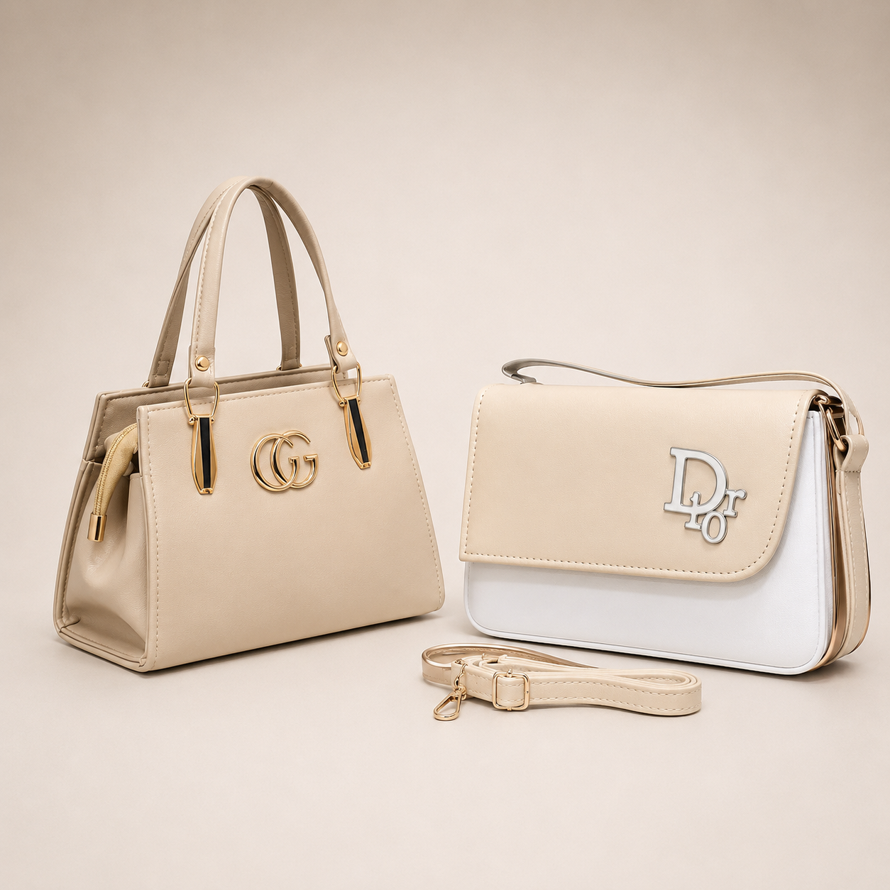 Two designer handbags displayed on a warm beige studio background: a structured cream handbag with gold-tone GG hardware and double top handles, and a cream-and-white flap shoulder bag with a silver-tone Dior logo and a matching strap laid in front.
