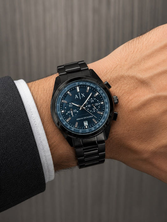 Men's blue-dial chronograph watch with black metal bracelet strap