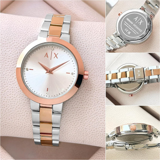 two-tone link wristwatch with white dial and rose-gold hands
