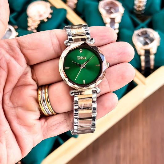 Dior analog wrist watch with green dial, slim hands, and stainless steel link bracelet