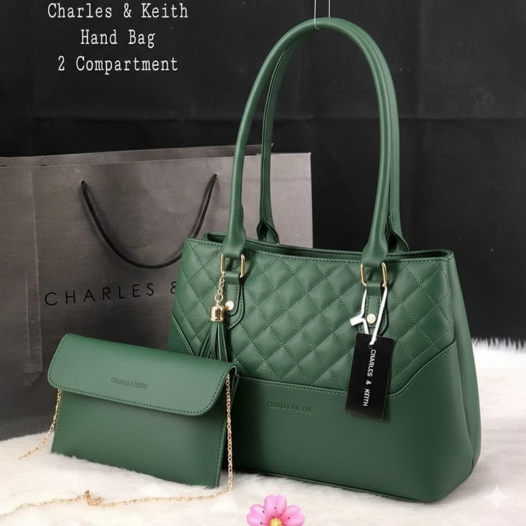 Women's Quilted 2-Piece Tote Handbag Set with Matching Sling Clutch, Double Compartment & Top Handle - B