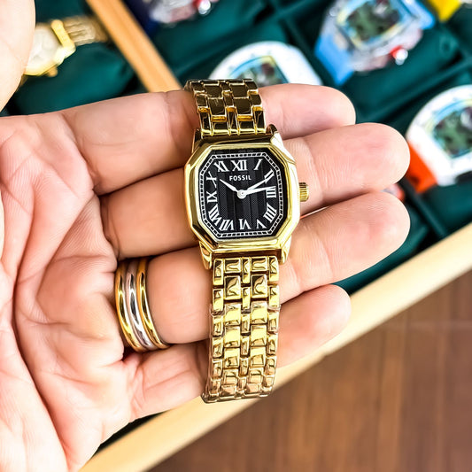 Premium Women's Octagonal Stainless Steel Watch – Black Roman Dial | Gold Bracelet T - The NPY Store