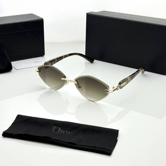 Rimless sunglasses with dark brown shaded lenses, gold metal frame, in black cloth pouch