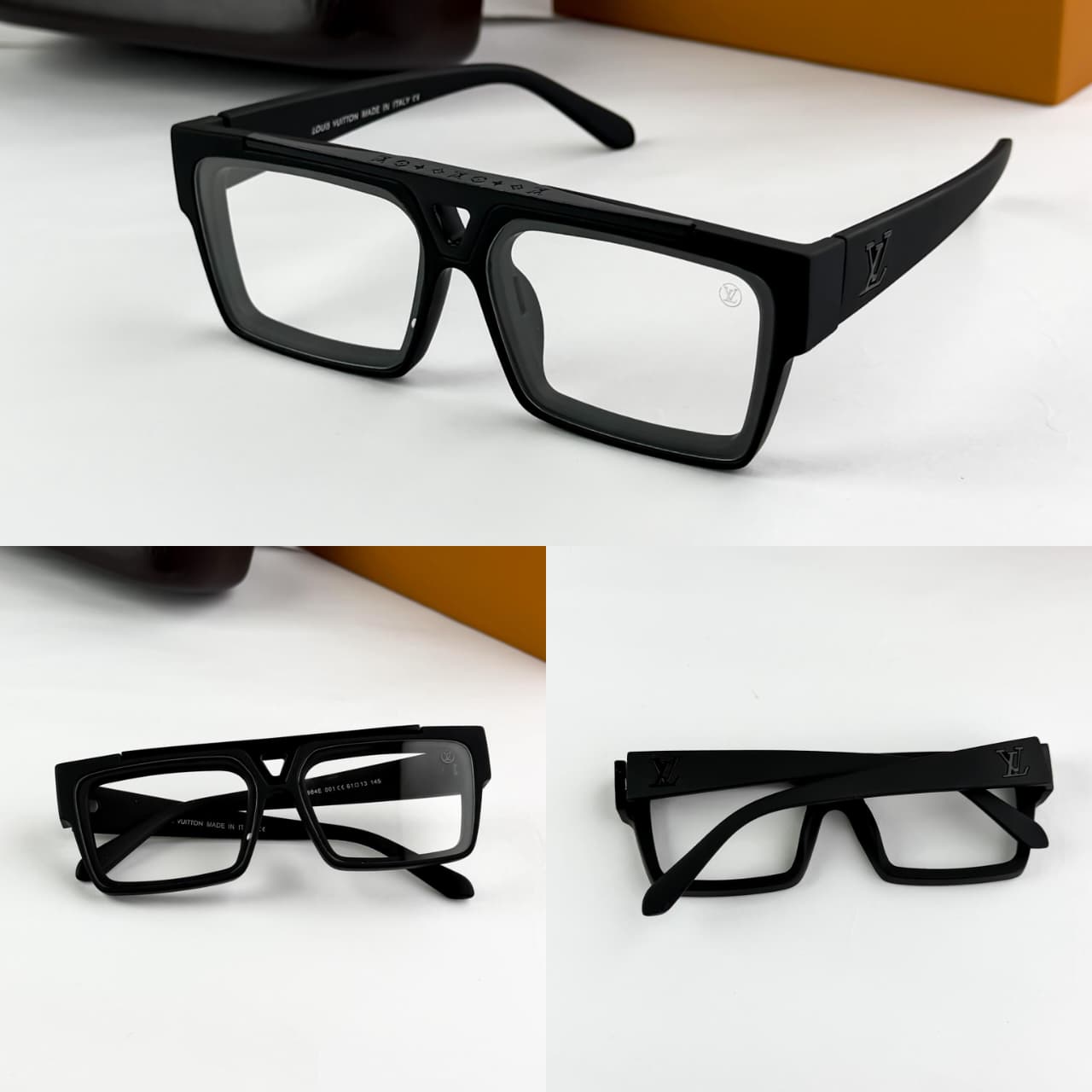 Black eyeglasses displayed on a white surface with close-up insets.