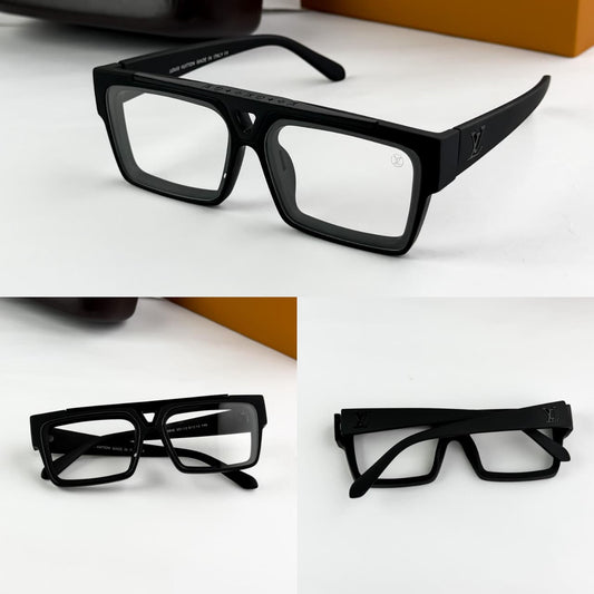 Black eyeglasses displayed on a white surface with close-up insets.