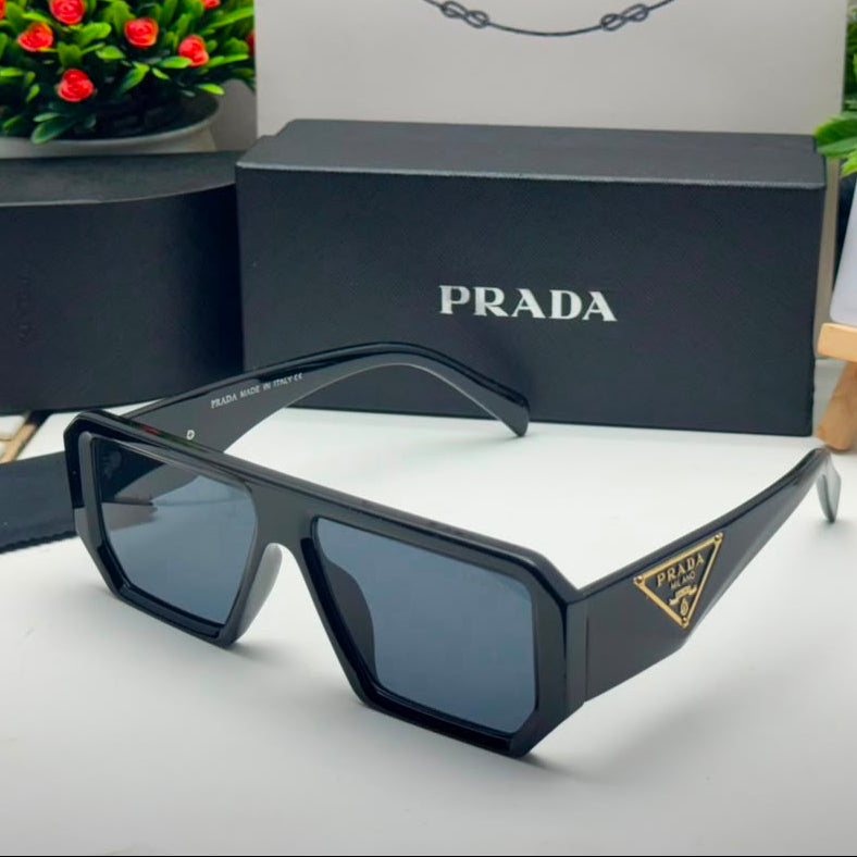 Bold geometric square sunglasses with glossy black frame and smoke UV protection lenses for men and women