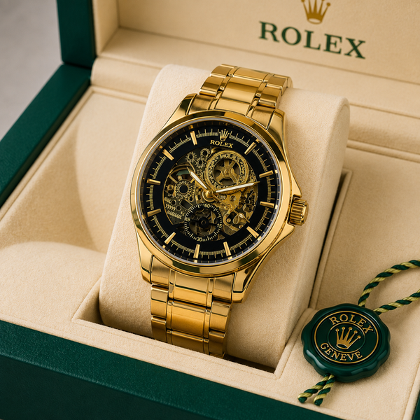 Rolex Automatic Gold Watch with Black Skeleton Dial for Men T