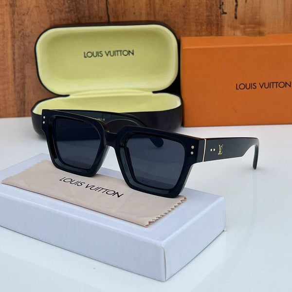 Classic black square sunglasses with UV-protective dark lenses, premium glossy frame, stylish unisex eyewear displayed with protective case and accessories.