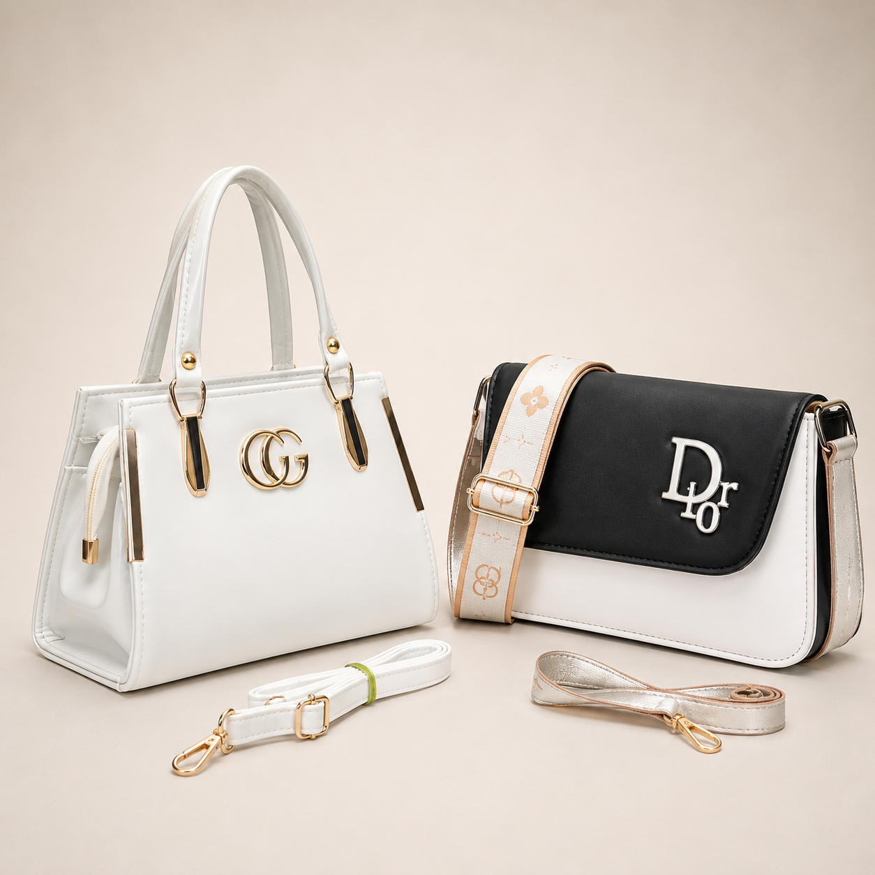 Two designer handbags displayed on a warm beige background: a white structured handbag with gold hardware and a double G logo, and a black-and-white Dior shoulder bag with a patterned strap and Dior logo. Two detachable straps are placed in front.