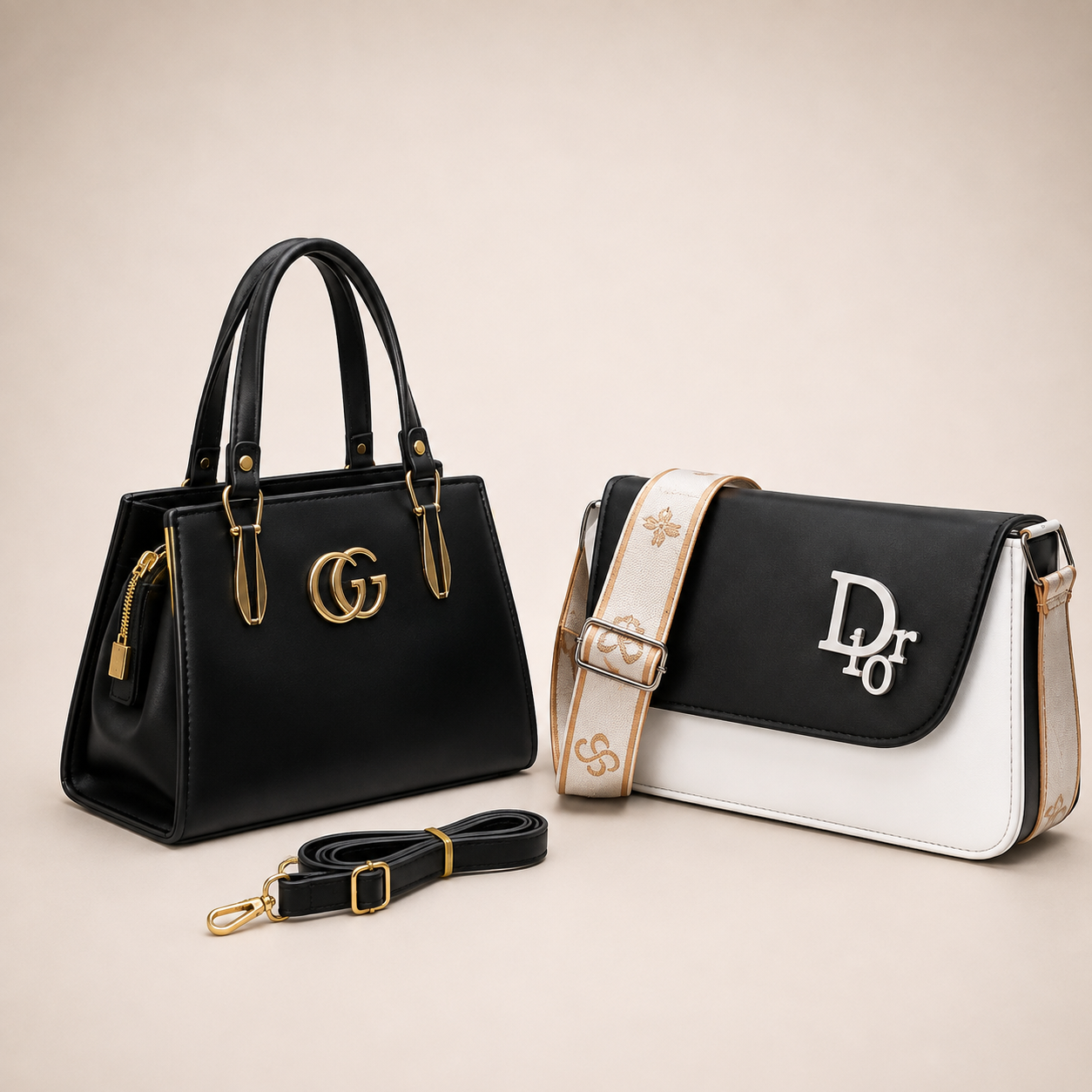 Two designer handbags displayed on a warm beige background: a black leather handbag with gold hardware and a double-G logo, and a black-and-white shoulder bag with a beige patterned strap and Dior logo.