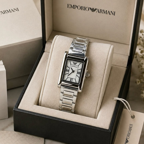 Emporio Armani women’s silver stainless steel watch with 24mm rectangular dial, silver-white face and Roman numeral markers