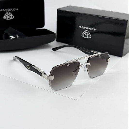 Executive rimless geometric sunglasses with silver metal frame and smoke gradient UV protection lenses for men