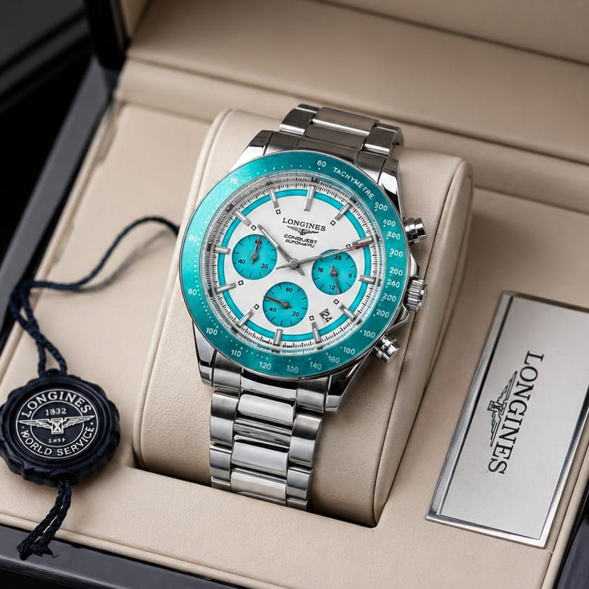 Longines chronograph silver men’s watch with white dial, turquoise tachymeter bezel, three sub-dials and stainless steel bracelet