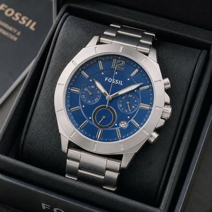 Men’s blue dial chronograph watch with stainless steel case and metal bracelet