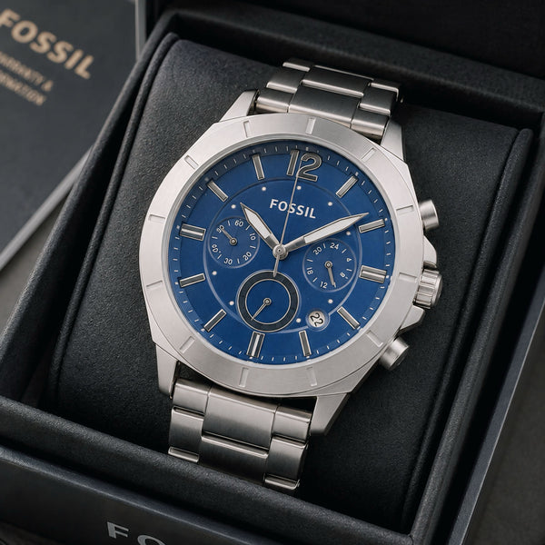 Men’s blue dial chronograph watch with stainless steel case and metal bracelet