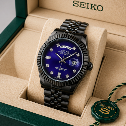 Men’s deep blue dial day-date watch with black stainless steel bracelet and fluted-style bezel