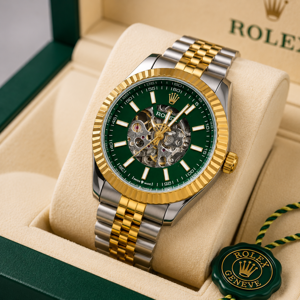 Men’s green skeleton automatic watch with gold-tone bezel and two-tone metal bracelet