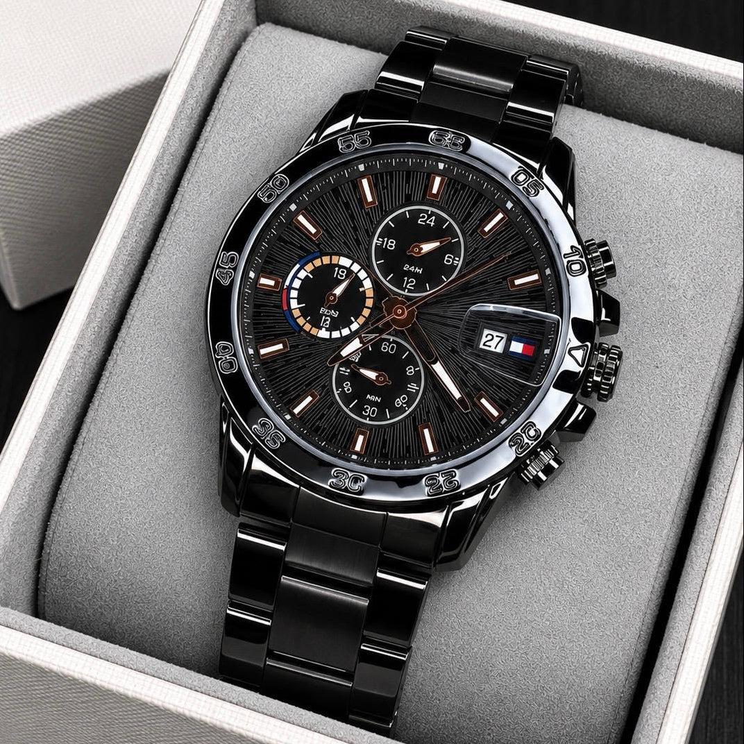 Premium black multifunction men's wristwatch with stainless steel bracelet, quartz movement, working chronograph, black dial, and mineral crystal glass.