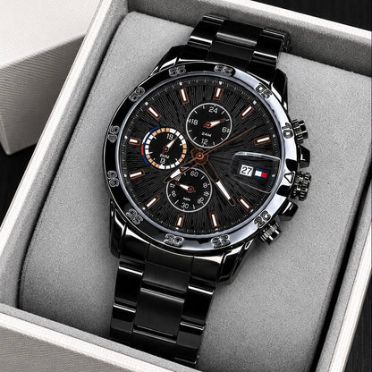 Premium black multifunction men's wristwatch with stainless steel bracelet, quartz movement, working chronograph, black dial, and mineral crystal glass.