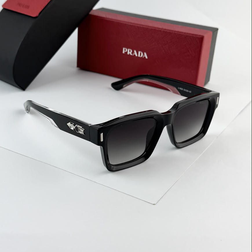 Premium black square sunglasses with gradient UV-protection lenses, glossy lightweight frame, stylish unisex eyewear for driving, travel, casual outings, and everyday fashion.