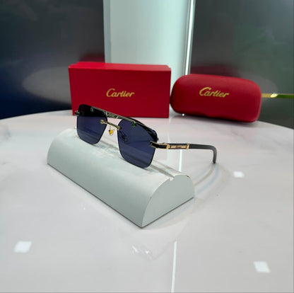 Premium rimless rectangle sunglasses with blue UV protection lenses and gold metal frame for men