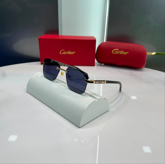 Premium rimless rectangle sunglasses with blue UV protection lenses and gold metal frame for men