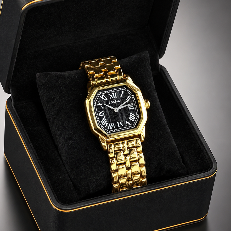 Premium women's gold stainless steel octagonal watch with black Roman numeral dial and bracelet