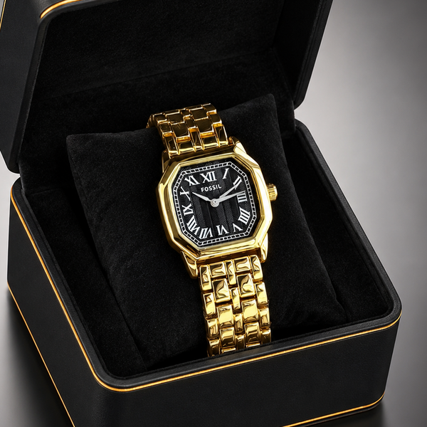 Premium women's gold stainless steel octagonal watch with black Roman numeral dial and bracelet