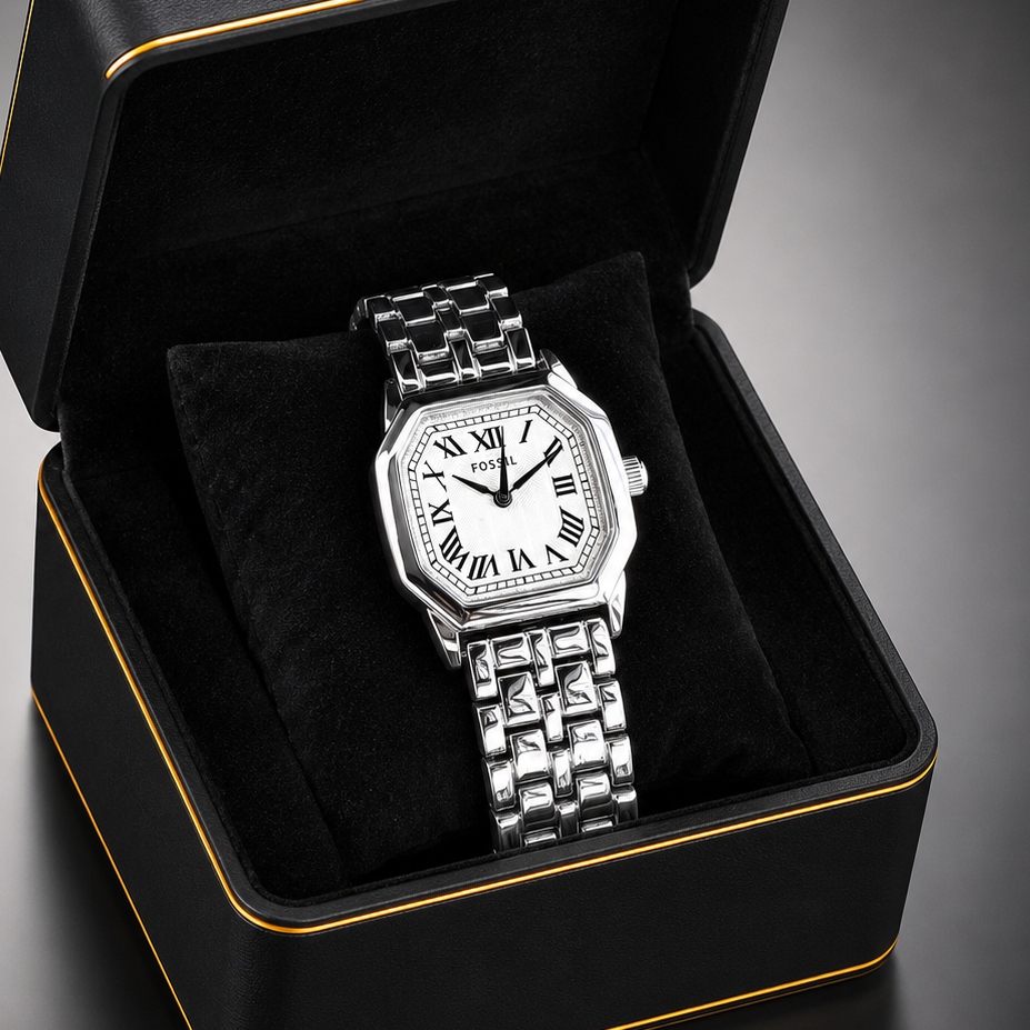 Premium women's silver stainless steel octagonal watch with white Roman numeral dial and bracelet