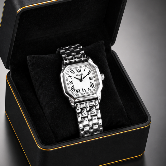 Premium women's silver stainless steel octagonal watch with white Roman numeral dial and bracelet