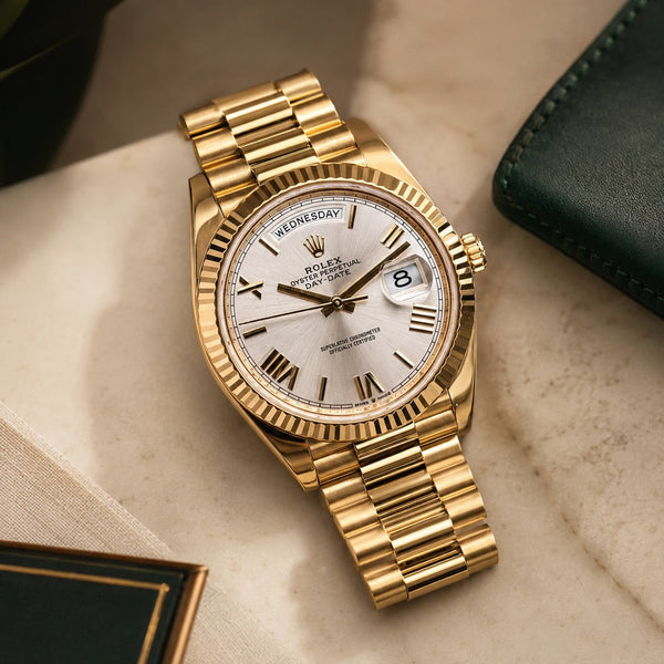 A gold Rolex Datejust watch with a white dial and fluted bezel, styled on a light marble surface with a dark green leather accessory and box in the background.
