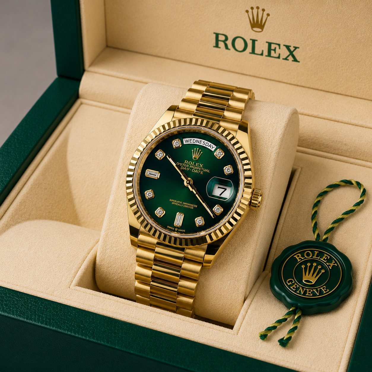 Rolex Oyster Perpetual Day-Date 40 gold watch with green dial, diamond-style hour markers, fluted bezel and magnified date display