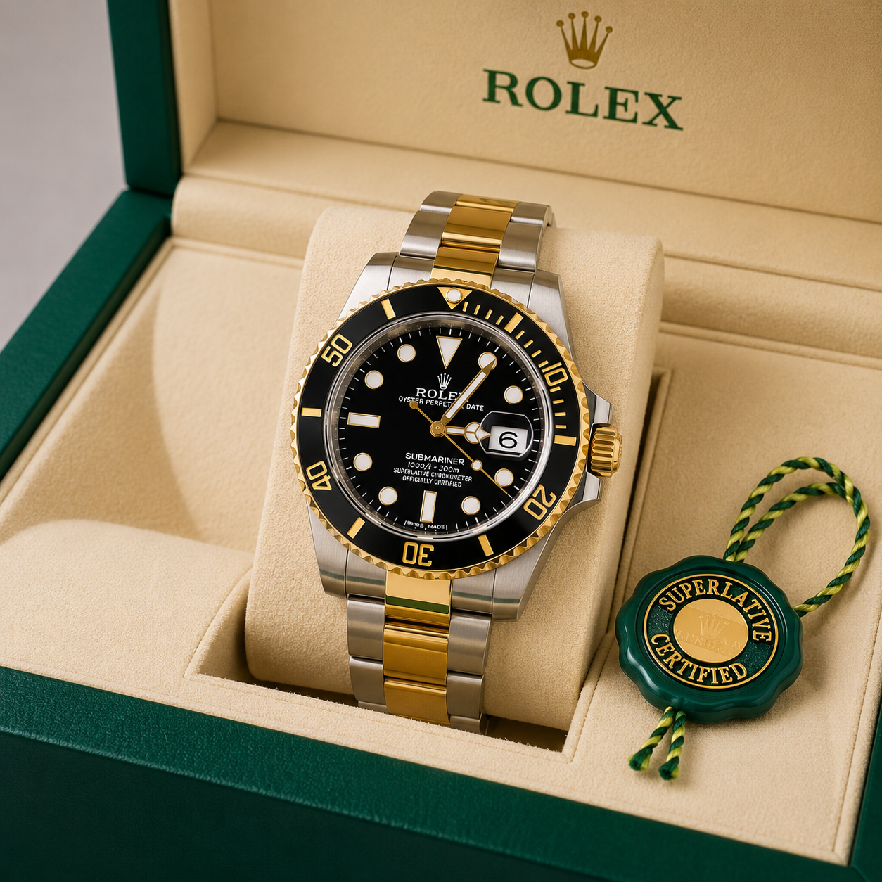 Rolex Oyster Perpetual Submariner two-tone gold and silver watch for men with black dial, black bezel and magnified date window