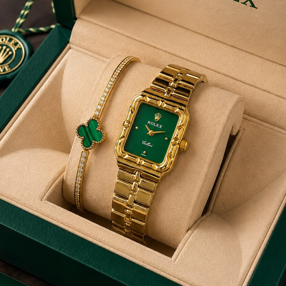 Women’s gold-tone square case watch with green dial and metal bracelet in a presentation box