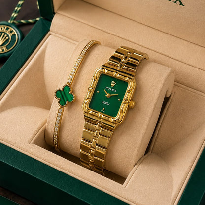 Women’s gold-tone square case watch with green dial and metal bracelet in a presentation box