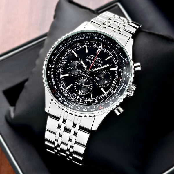 Silver-tone men’s chronograph watch with black multifunction dial and metal bracelet, aviation-inspired design.