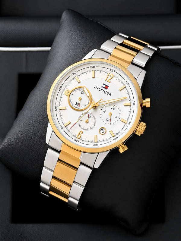 men's chronograph watch, gold-and-silver bracelet and white dial with three subdials