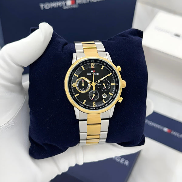 Gold-and-silver mens chronograph watch with black dial and metal link bracelet