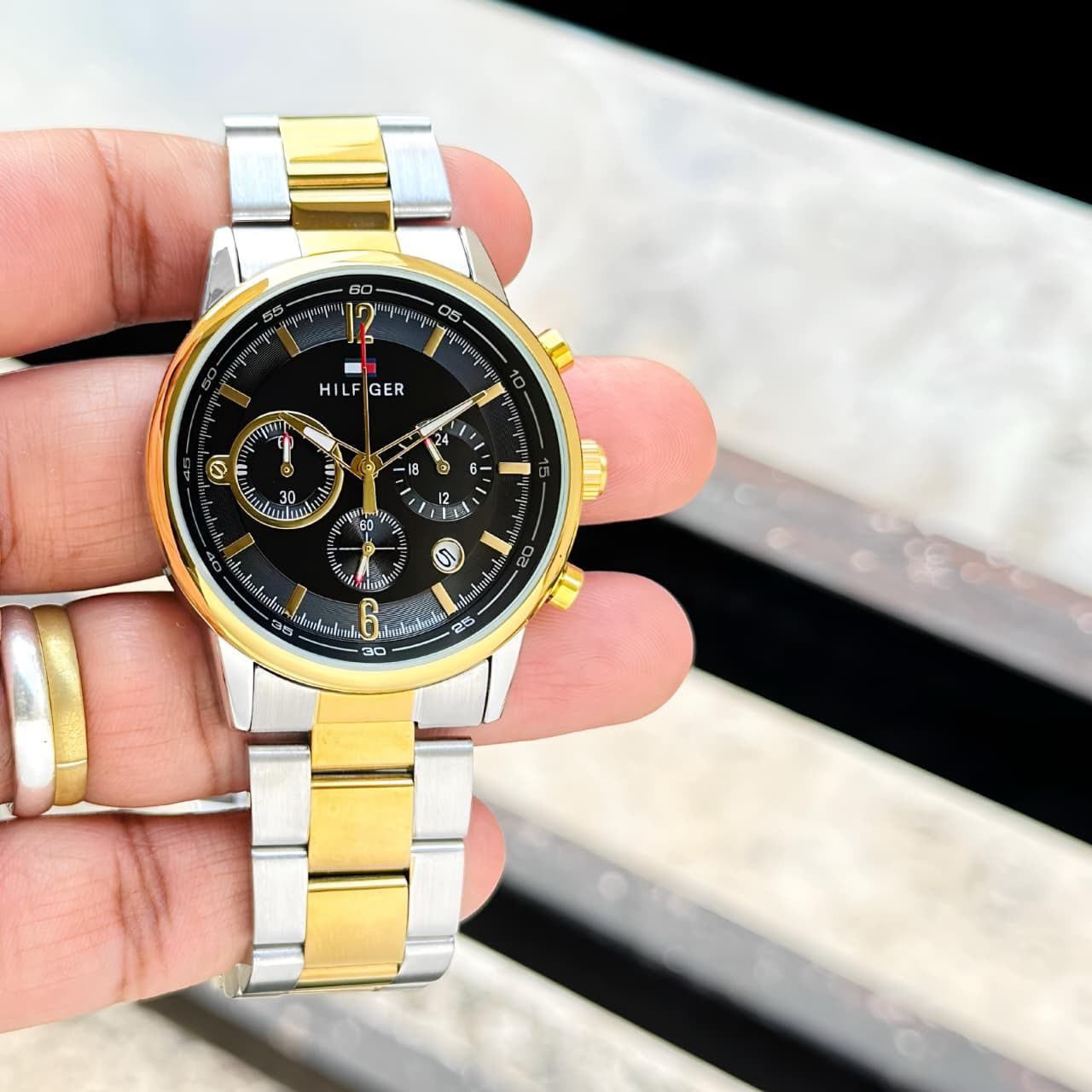 Tommy Hilfiger Evan Chronograph Premium Men's Watch – Gold & Silver | Black Dial - B