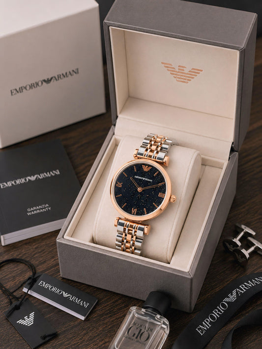 women’s watch in gift box, black dial and two-tone link bracelet