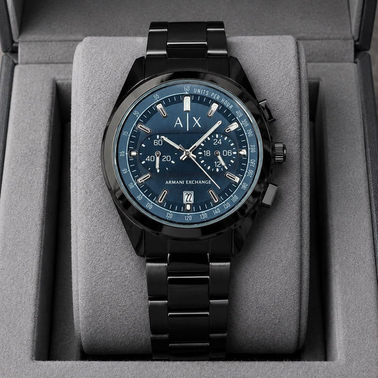 Men's black metal bracelet chronograph watch with blue dial and subdials