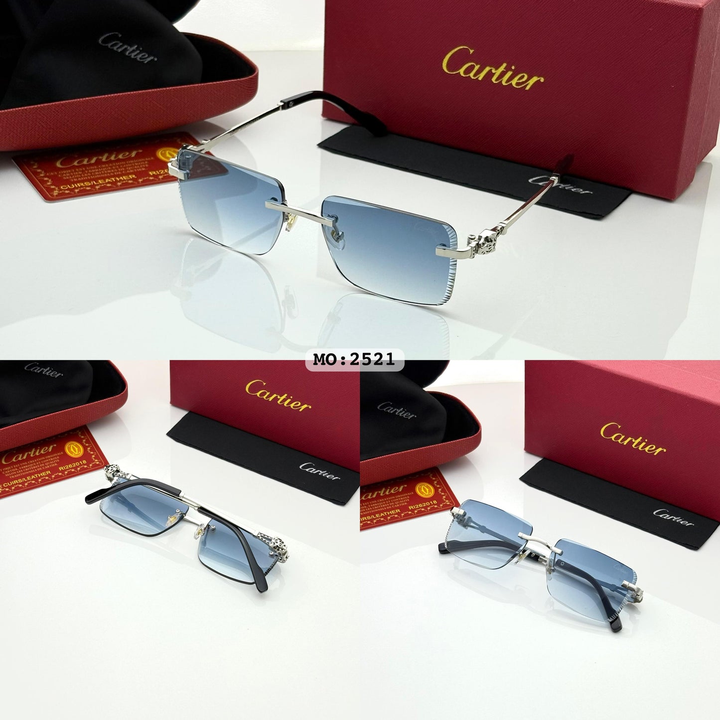 Cartier 2521 Silver Blue Gradient Rimless Sunglasses for Men | Premium UV400 Protection | Luxury Designer Eyewear - R