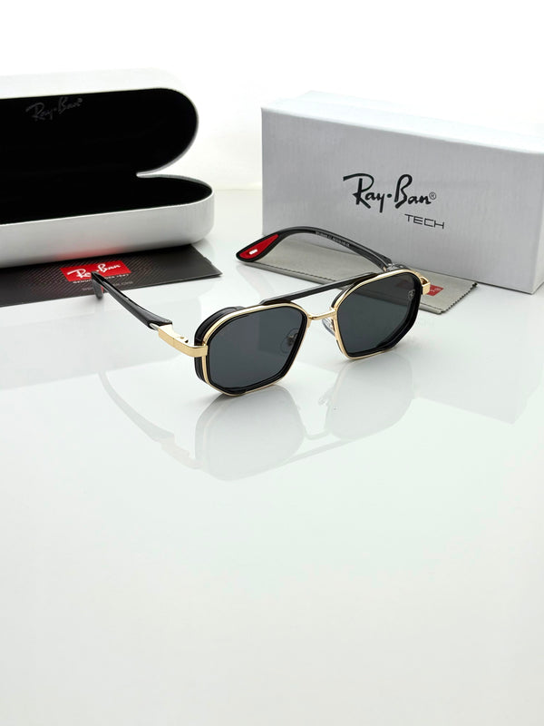 Men's gold-and-black metal sunglasses with dark lenses and red temple detail