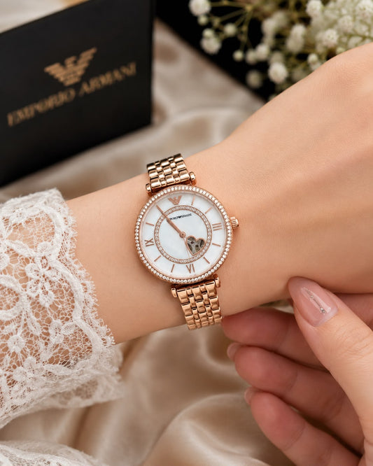Rose gold automatic ladies watch with crystal bezel and stainless steel bracelet