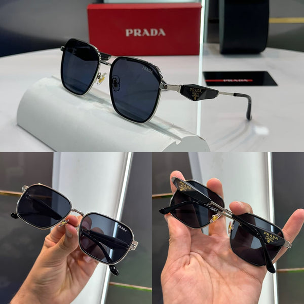 square sunglasses, black frames and dark lenses, logo on temple arms
