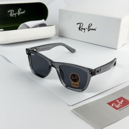 Ray-Ban square sunglasses with dark lenses, black frame, slim arms
