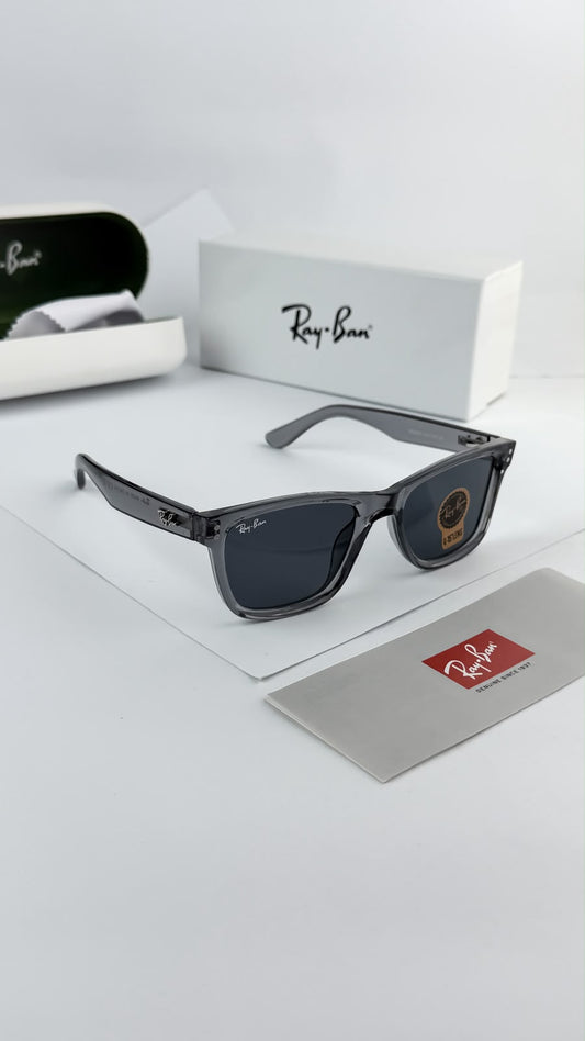 Ray-Ban square sunglasses with dark lenses, black frame and gray temples