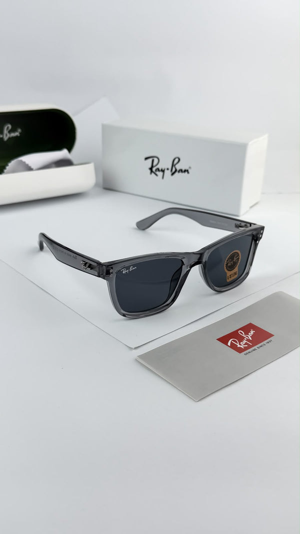 Ray-Ban square sunglasses with dark lenses, black frame and gray temples
