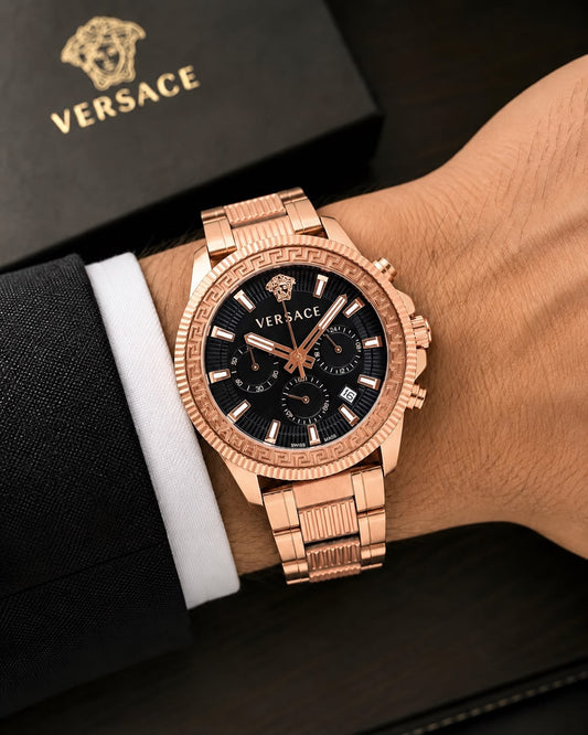 Premium Rose Gold Chronograph Men's Watch with Textured Black Dial & Stainless Steel Bracelet - B - The NPY Store