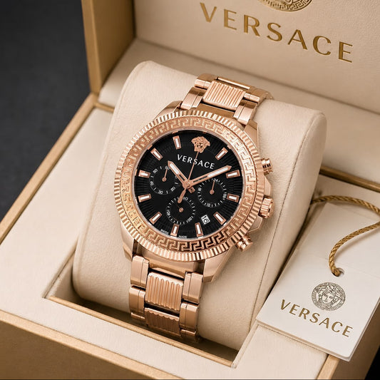 Premium Rose Gold Chronograph Men's Watch with Textured Black Dial & Stainless Steel Bracelet - B - The NPY Store